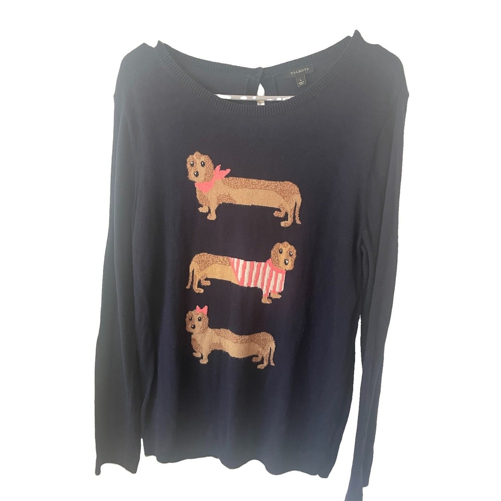 Talbots Dachshund Dog Sweater Womens L Navy Novelty Wiener Dog Cotton Blend - Picture 2 of 10
